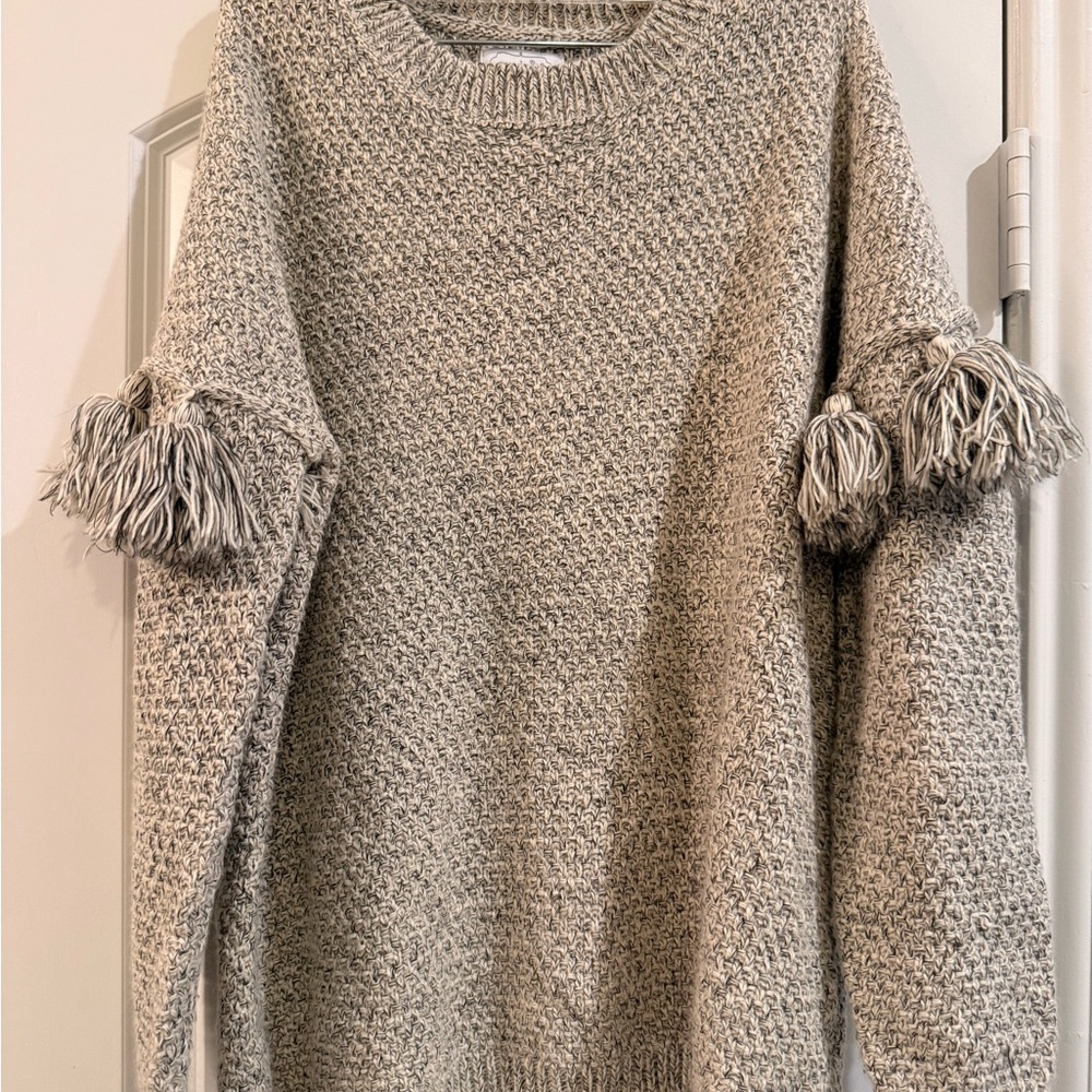 Mud Pie Neutral Tassel Sleeve Crewneck Sweater - Beige